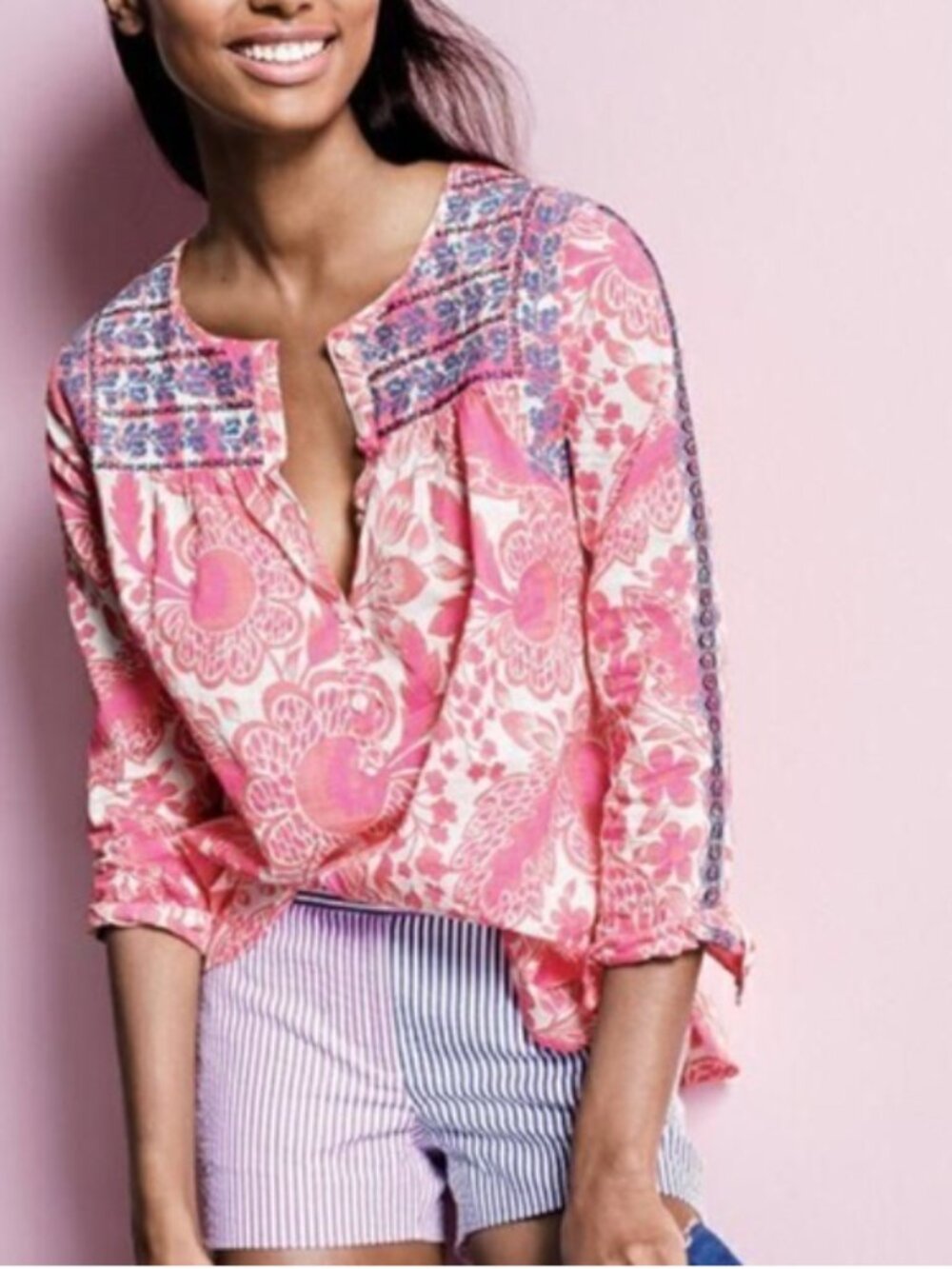 J Crew Cotton Embroidered Top Blouse Size 4 Pink Floral Cottagecore Peasant Boho